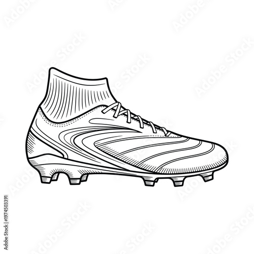 A detailed black and white illustration of a single soccer cleat