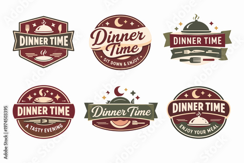 Collection of dinner time restaurant emblems and food service logos, depicting cloches, moons and stars for an evening meal concept
