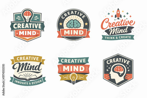 Creative mind emblem collection celebrating innovation, intelligence, logic, imagination, and learning with various symbols