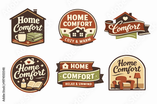 Collection of home comfort and cozy warm labels, badges, and emblems with house, cup, blanket, candle, armchair, and book