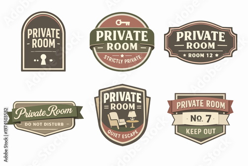 Six vector badges displaying different private room designs with privacy concepts, keys, and subtle retro aesthetics