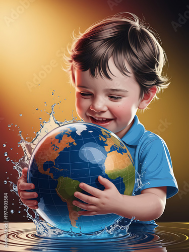 Child holding globe with water splash in warm sunlight outdoor play