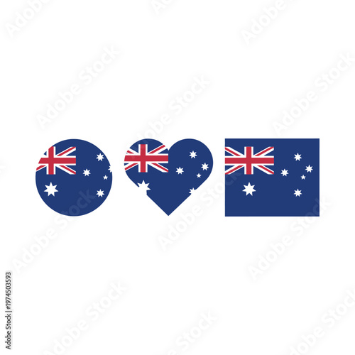 Australian flags shaped as a circle heart and rectangle
