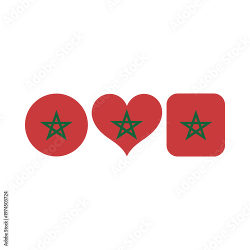 Moroccan flag icons in circular heart and square shapes displayed