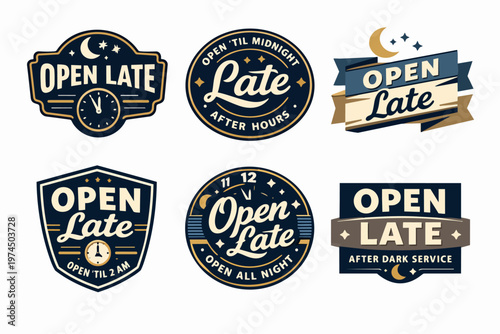 Open late service labels collection with clocks, stars, and moon, indicating extended business hours, night service, and after hours operation