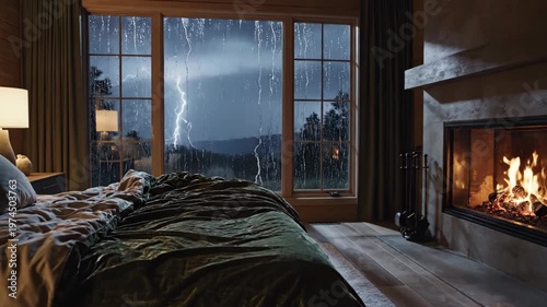 Cozy Bedroom with Fireplace and Window View of a Thunderstorm.