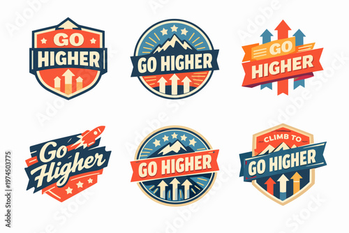 Go higher badge collection showing concepts of ambition, success, growth, achievement, motivation, and progress