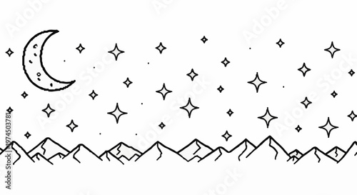 A whimsical nighttime scene with a crescent moon, stars, and a mountain range