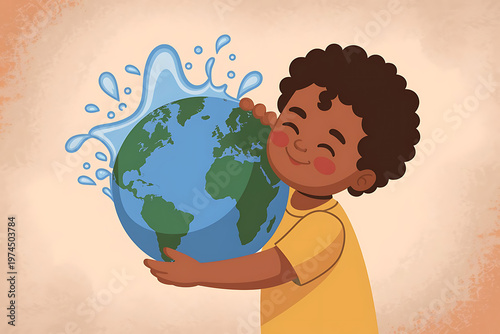 Child holding colorful water splash globe with earth illustration for eco awareness