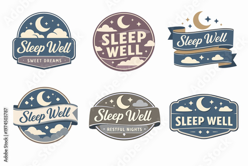 Sleep well logo set illustrating calm night, good sleep, sweet dreams, and restful nights concepts