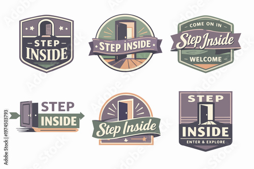 Step inside vintage welcome badges set with open door inviting to enter and explore different opportunities or experiences