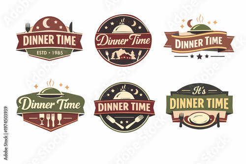 Dinner time restaurant emblem collection featuring retro food badges, evening dining labels, and supper logos with cutlery