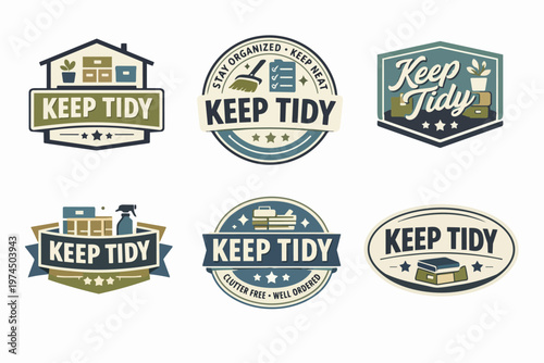 Keep tidy collection of organizing emblems, professional cleaning and storage service badges, neat design branding
