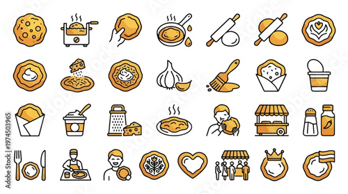 Langos Street Food Icon Set in Linear Style. Collection of Dough Linear Icons, including garlic, cheese, sour cream, stall, grater, rolling pin, cooking, eating, salt, and more. Vector Graphic.