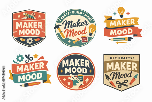 Maker mood labels set designing, creating, and building various crafts, diy projects, and artisan handmade goods