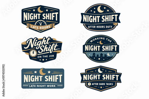Night shift emblems presenting concepts of late hours, after dark labor, working on the job, and after-hours duty