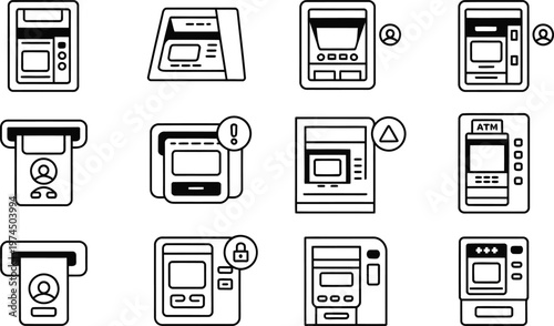 Collection of twelve black and white outline representing ATM machines and interfaces