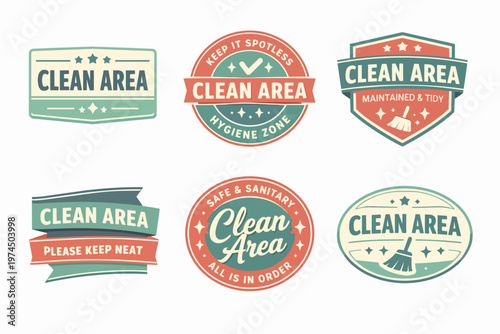 Vintage clean area badges symbolizing hygiene, tidiness, and sanitation, maintaining a neat environment with safety signs