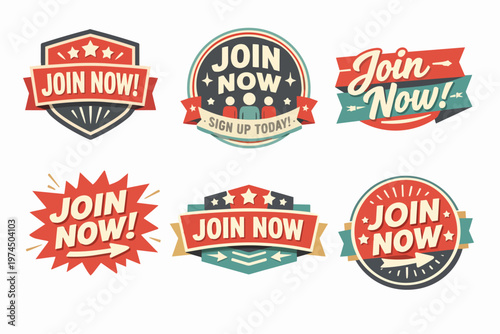 Join now badges collection, retro style labels and stickers encouraging membership and immediate action