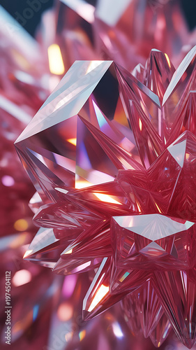 Close-up of pink iridescent crystalline structure with sharp facets and light refractions