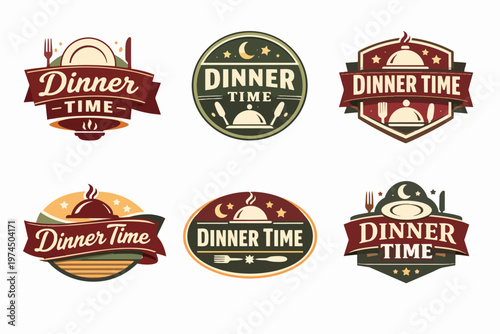 Dinner time restaurant emblems collection with vintage design elements and ready to eat food concept badges