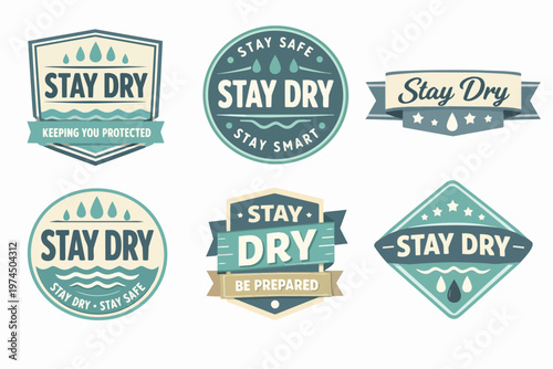 Stay dry labels set for weather protection, waterproof products, and outdoor gear with water drops and waves