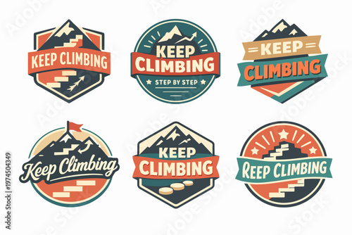 Set of adventure and motivation emblems featuring mountains and stairs, representing growth, success, and outdoor exploration