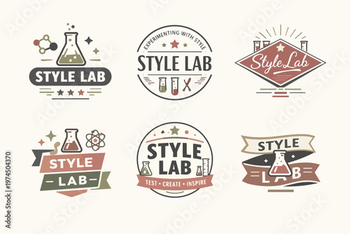 Style lab exploring creativity and innovation through science-themed branding badges and logos collection