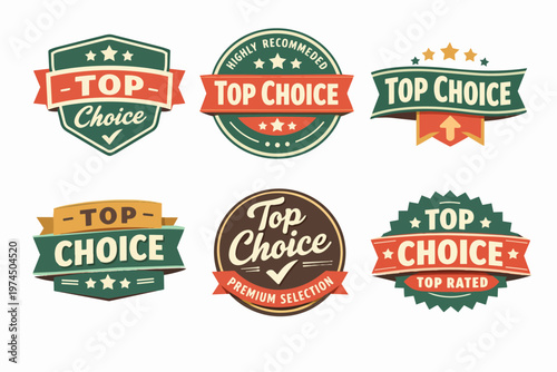 Top choice badge collection displaying premium quality product selection, highly recommended rating emblems for e-commerce and retail