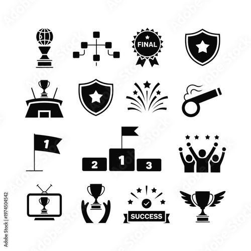 Black and white icons depicting awards achievements and celebratory symbols