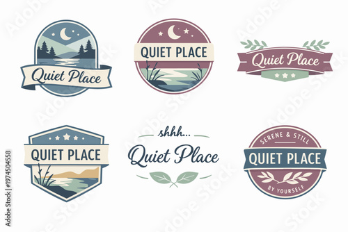 Quiet place emblems collection. Vintage outdoor landscape badges for relaxation, nature retreats, and tranquil destinations