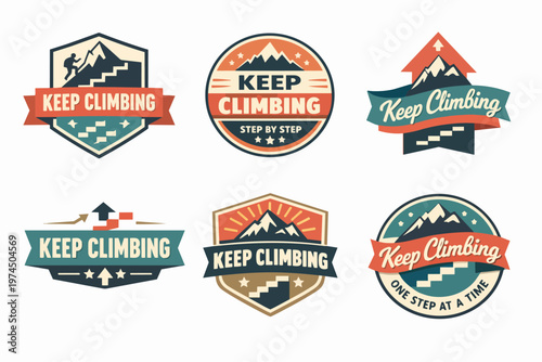 Collection of keep climbing badges showing mountains, steps, and climbers, representing aspiration and perseverance