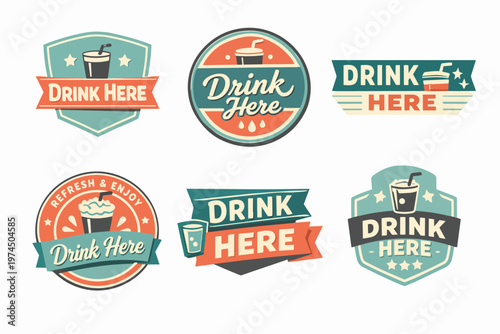Collection of vintage drink badges with retro typography, ideal for refreshment bar labels and beverage shop branding