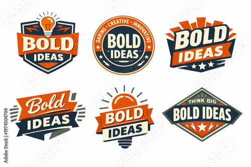 Bold ideas emblem set in retro style, creating innovative creative concepts for outstanding branding
