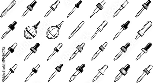 Black and White Line Art Droppers and Pipettes Collection, Medical and Laboratory Equipment