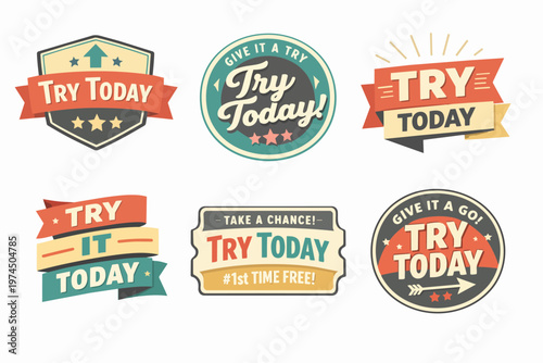 Collection of try today badges and labels offering motivation, discounts, and calls to action for new experiences