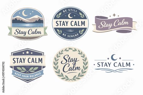 Stay calm concepts set with mindful emblems, peace badges, serenity logos, and tranquil labels