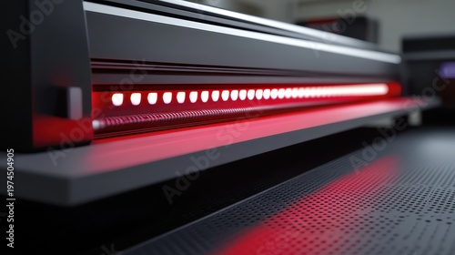 Close-up of futuristic industrial printing technology with sleek design and soft red lighting.