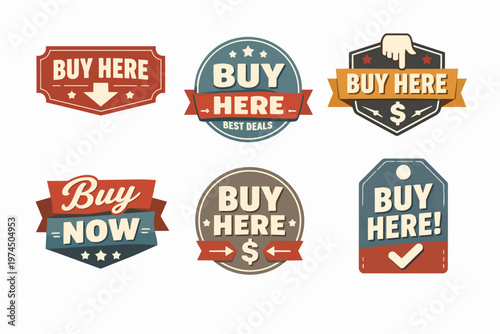 Retro buy here and buy now labels set, vector badges for commerce, retail, and promotional marketing