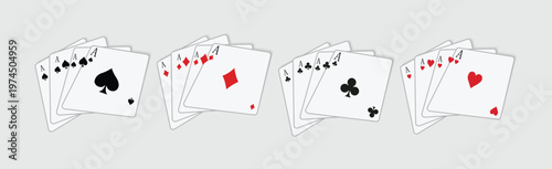 Set of all four suits of aces playing cards. Royal flush hand of clubs, diamonds, hearts. Poker cards, jack, queen, king and ace vector.