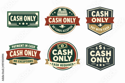 Cash only signs and badges illustration set, various vintage style labels indicating no cards accepted, cash required