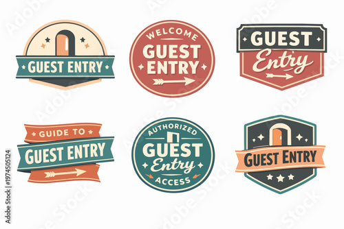 Guest entry welcoming badges and labels set showing invitations, access, and visitor signage concepts