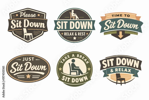 Collection of retro-style labels with sit down text, person sitting on a chair, promoting relaxation and taking a break