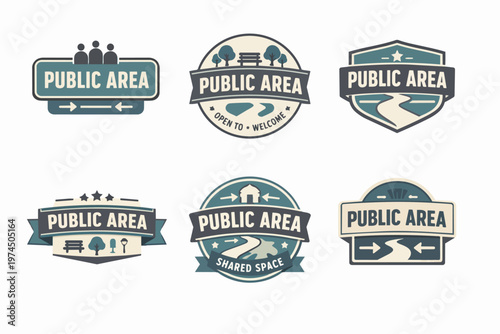 Public area signs and emblems set, depicting park, path, people, and community icons for shared spaces