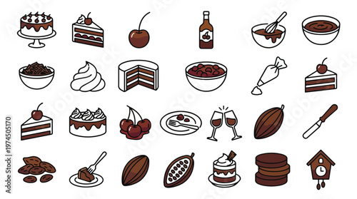 Black Forest Cake Icon Set in Flat Line Style. A collection of Chocolate Dessert Linear Icons, including cherry, cocoa, pastry, baking, gateau, cream, whisk, slice, pod, spatula