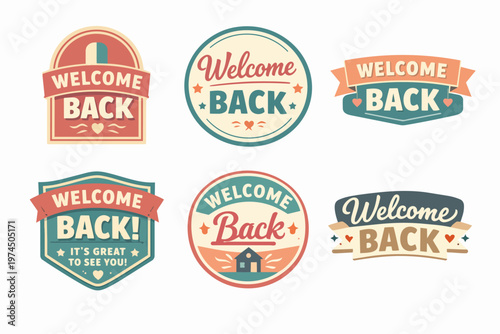 Collection of welcome back signs and badges in a retro style, ideal for use in greeting and reopening contexts