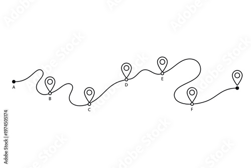 One Line Route with Map Pins – Continuous Travel Path Vector Illustration