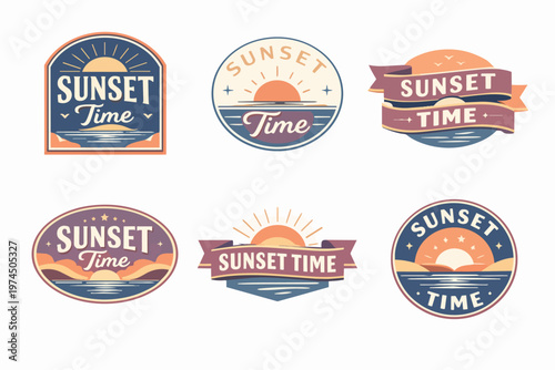 Sunset time vintage beach emblem collection. Retro summer tropical vacation and travel badge designs