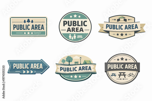 Set of public area recreation signs and badges, providing outdoor park information and community space access