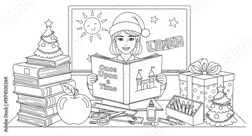 Young girl with a Santa hat reading a storybook in a festive classroom, surrounded by colorful gifts, books, and holiday decorations, creating a joyful learning atmosphere